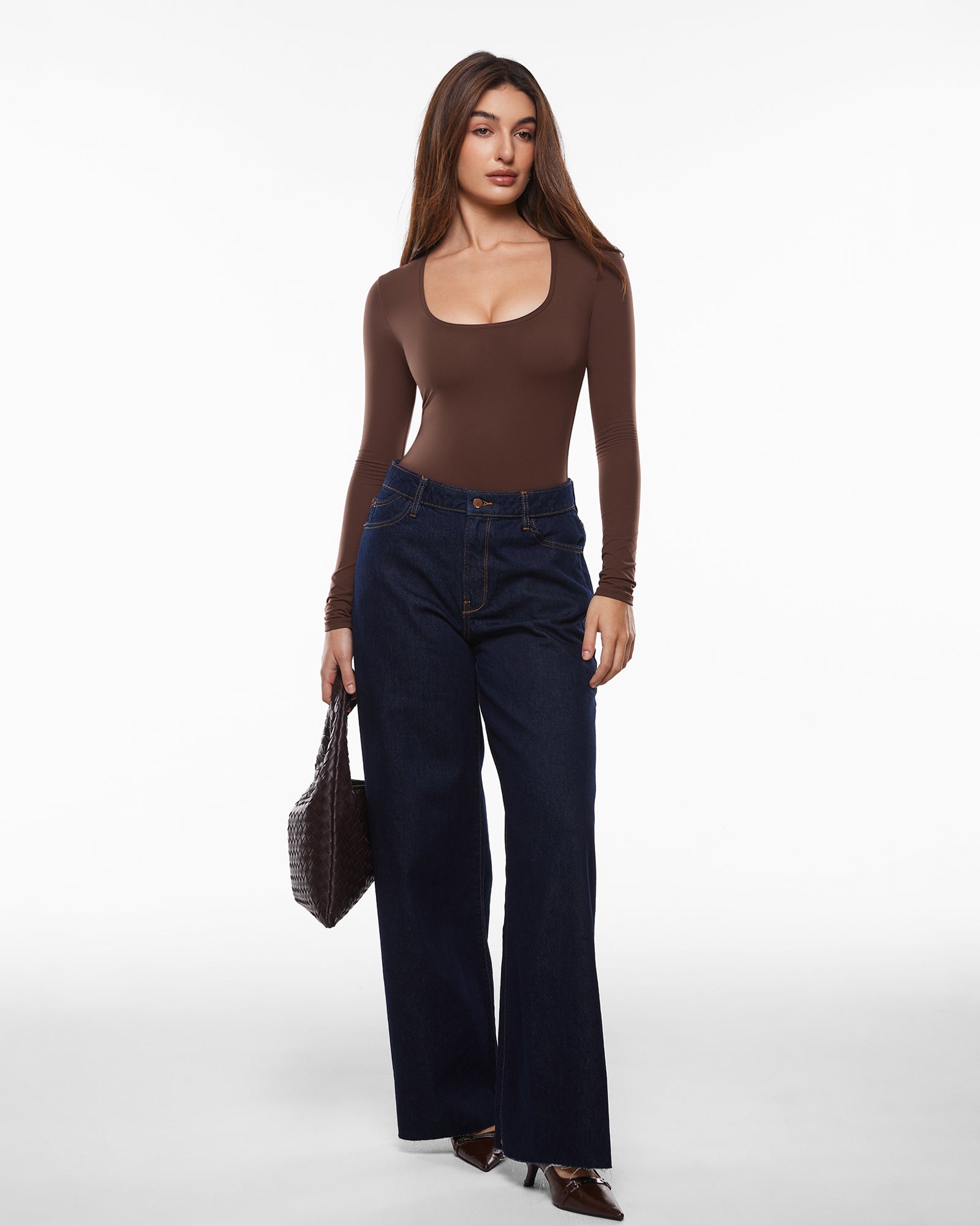 Women's Inbarely® Soft Deep U Neck Long Sleeves Top Snow White