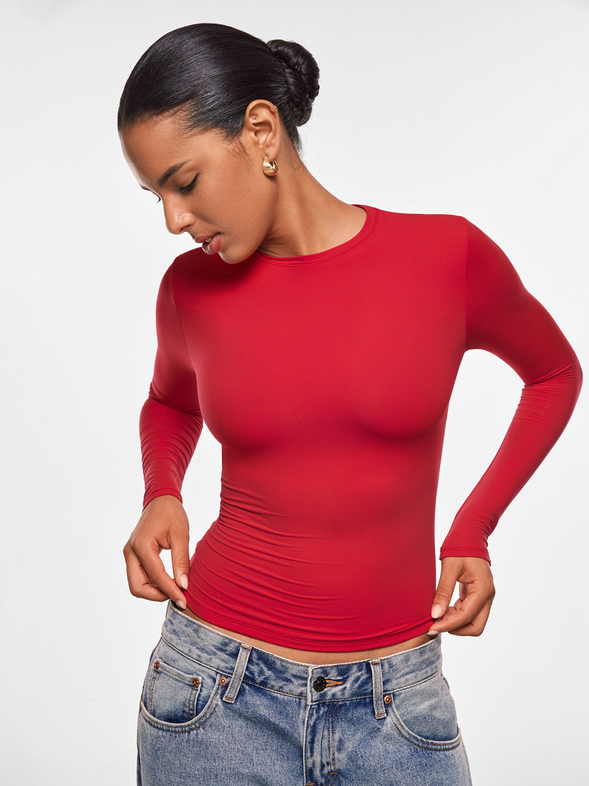 Women's Inbarely® Ultra Crew Neck Long Sleeve Shirts Lipstick Red
