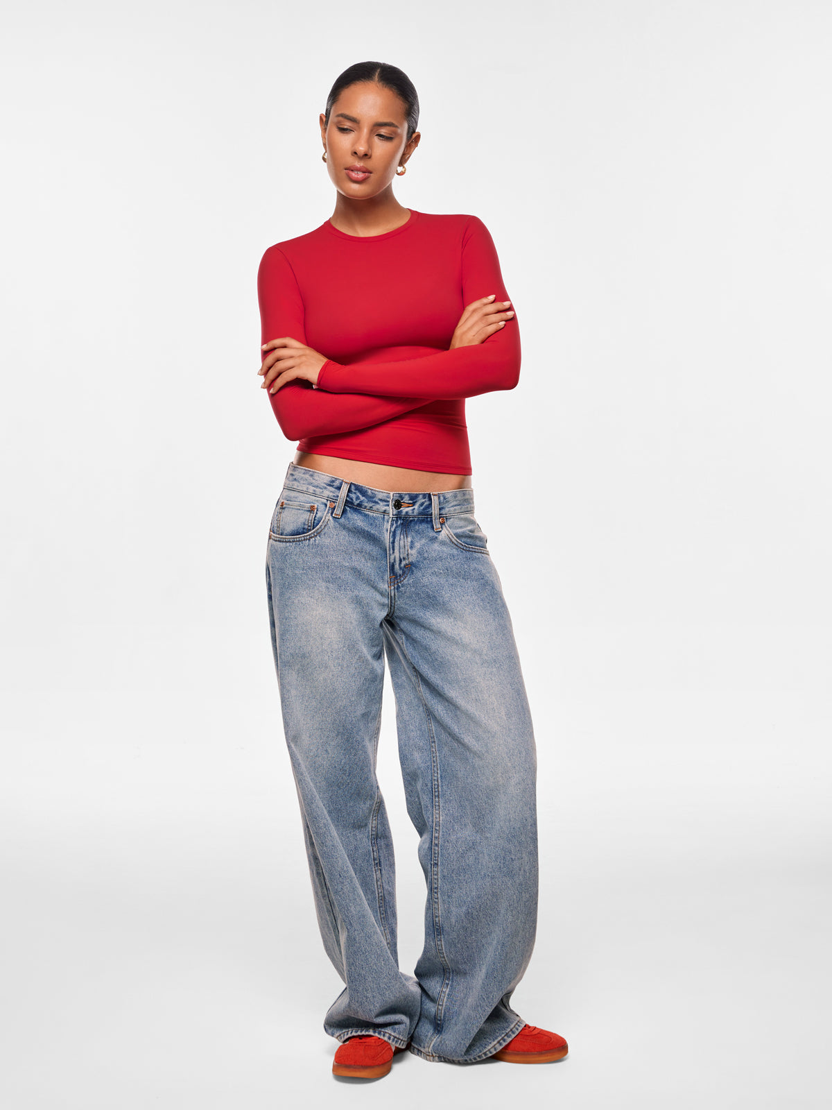 Women's Inbarely® Ultra Crew Neck Long Sleeve Shirts Lipstick Red